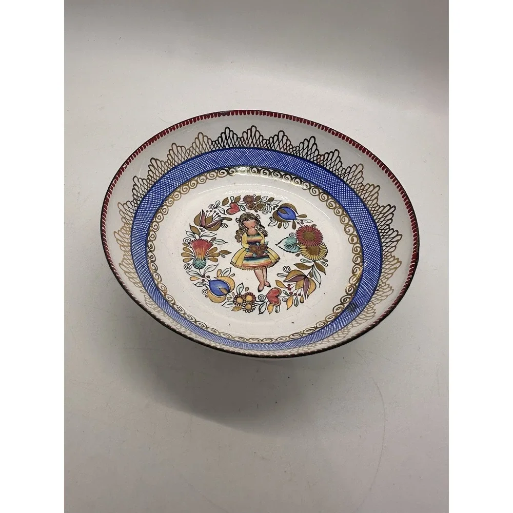 Hand Painted Austrian Folk Art‎ Bowl Girl Floral Design Austria Vintage